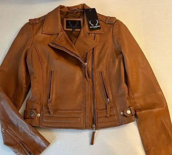 Bod & Christensen Blake Cognac cropped Leather biker jacket size Med NWT Brown