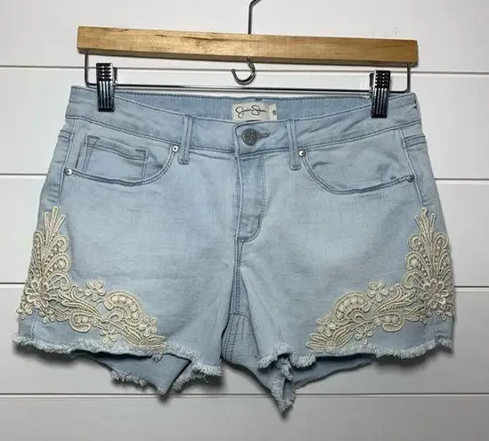 Jessica Simpson  Cut off Stretch Blue Denim Almond Lace Short Bottom Size 28