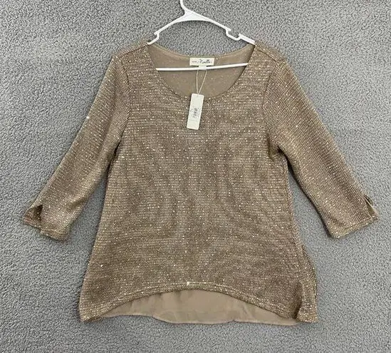Simply Noelle Women S/M Tan Sequined Casual 3/4 Sleeve Top NWT
