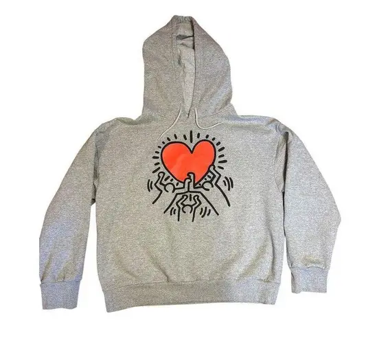 KEITH HARING Dancing Heart Black Pullover Hoodie Cropped for Men or Women XXL Gray