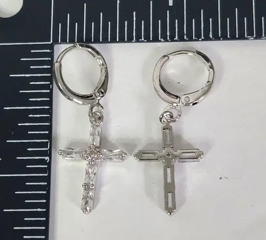 Silver Huggie Cross with Crystals Earrings