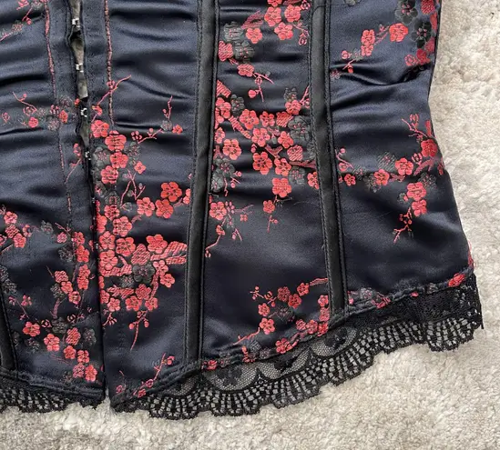 Dreamgirl Vintage 90s Black Red Floral Satin Vampire Stapless Lace Up Corset Top