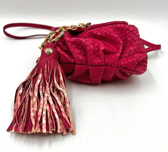 Henri Bendel Small Drawstring Bucket Crossbody Tassel Fish Leather Emboss Pink