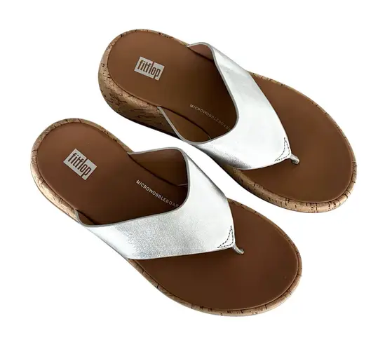 FitFlop F-Mode FlatForm Toe Post Sandals Silver Sz 6 Boho Chic Coastal Comfort