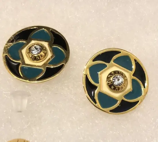 Henri Bendel Earrings Turquoise Black and Gold Floral Studs NEW ON CARD