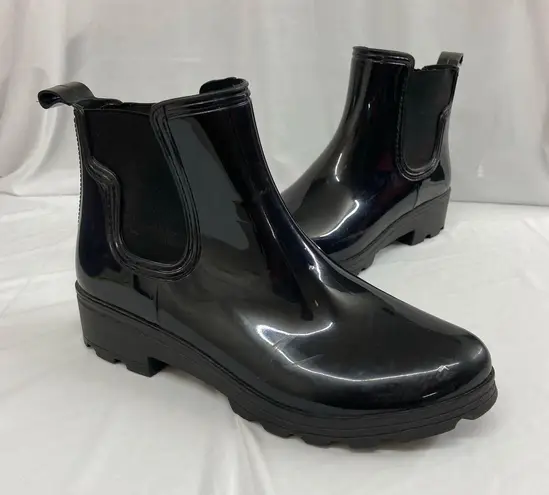 Capelli New York women's black glossy rubber ankle rain boots stretch slip on 11