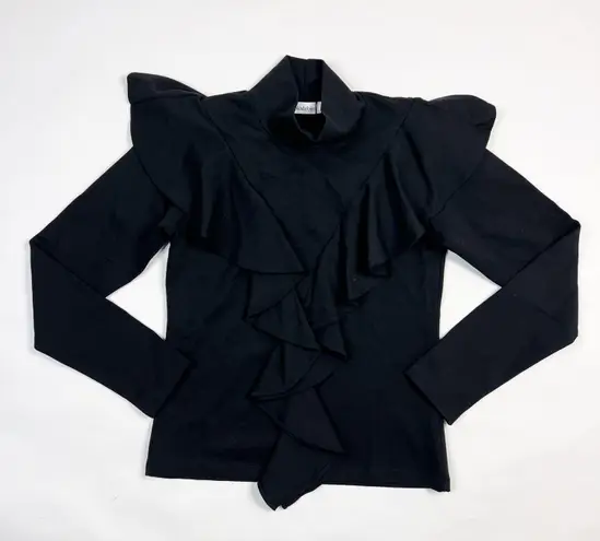 Rodebjer NEW Jennifer Flirty Ruffle Long Sleeve Mock Neck Black Tee Shirt Top LG