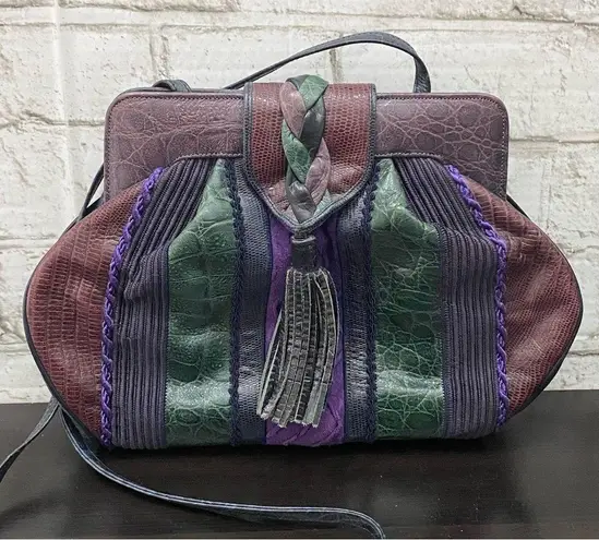 Vintage SHARIF Lizard Croc Leather Patchwork Convertible Clutch Shoulder Bag