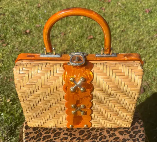 Vintage Woven Purse Bag Amber Lucite and Gold Tone Made in British Hong Kong