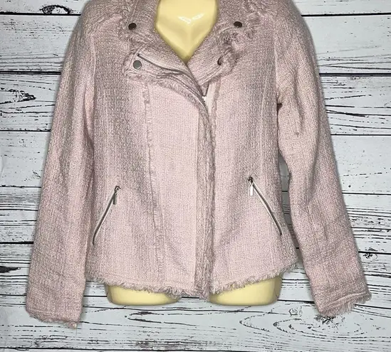 Belle Vere Size S Pink Tweed Fringe Trim Moto Blazer Jacket