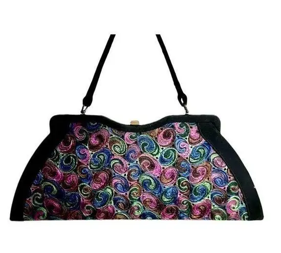 VTG Atomic 1950s "Pretty" Black Handbag w/ colorful Embroidered Swirls