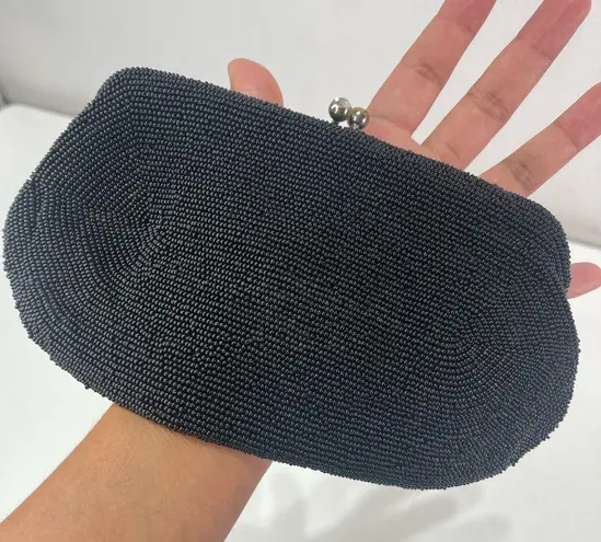Vtg Beaded Blk Evening Bag Clutch Purse Kiss Lock Hand Made Gypsy Goth Whimsical Black