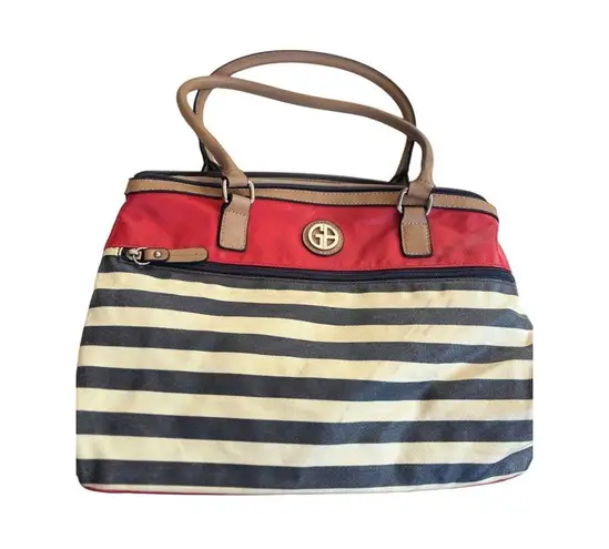 Giani Bernini Red & Black Striped Tote Bag With Tan Handles