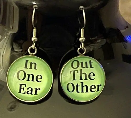 New! In One Ear / Out the Other Funny Round Dangle Earrings