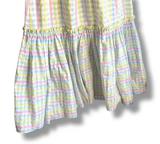 Vintage Denise L Pastel Gingham Plaid Maxi Dress Puff Sleeve Eyelet Maxi Cottage Pink Size XS