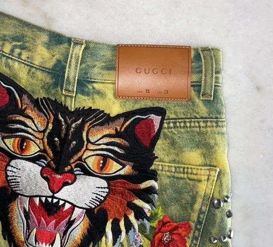 Gucci  Washed Studded And Tiger Embroidered Denim Shorts in Green/Yellow