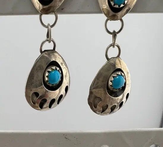 Sterling Silver Vintage Double Bear Claw Navajo  925 Turquoise Earrings