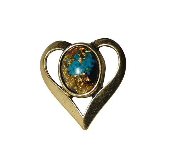 Vintage Lapel Pin Tie Tack Gold Flake Teal Tone Heart Pin Blue Goldstone Center