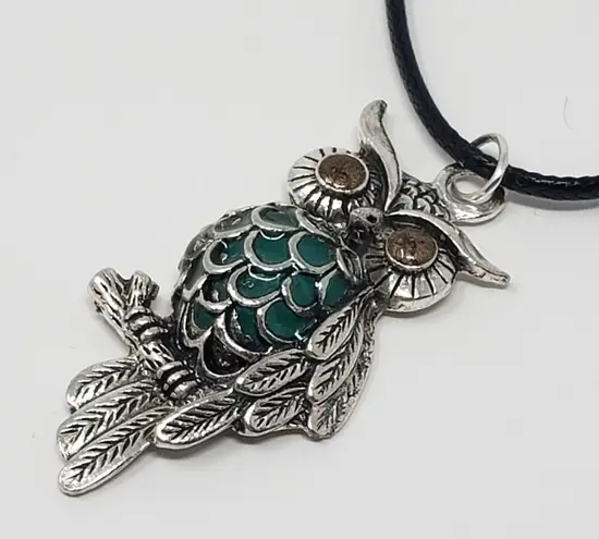 Owl Pendant Necklace w/ Teal Green Resin Body & Bronze Eyes