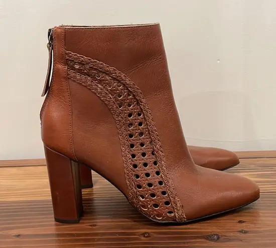 Matisse Tan Braided Cutout Leather Ankle Boot Heel Size 6.5