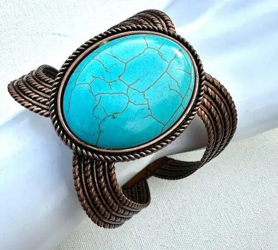 Turquoise blue and copper tone cuff bracelet