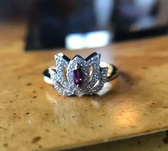 Natural Rhodolite Garnet Sterling Silver 18k Yellow Gold Vermeil Lotus Ring