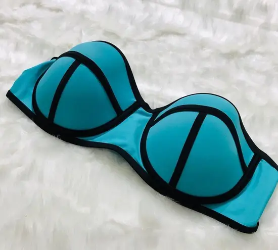 Aqua Blue & Black Strapless Color Block Bikini Top Size Large