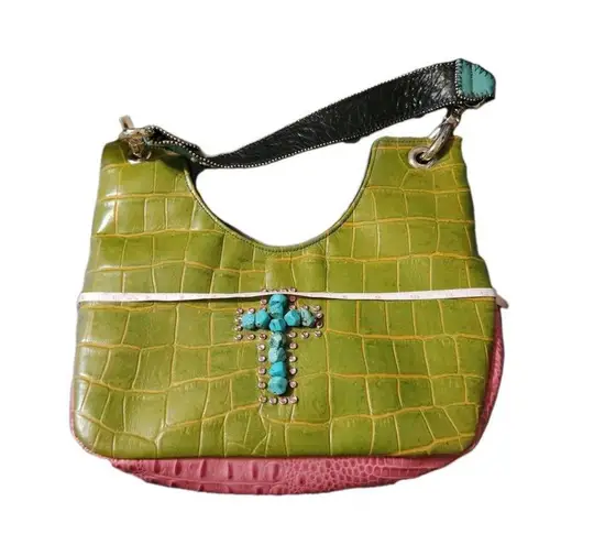 KurtMen Y2K Western Bling Purse Faux Croc Leather Turquoise Cross Cowgirl Design Green