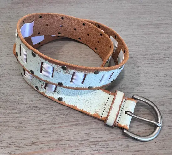 Linea Pelle Pale Green Leather And Ribbon Distressed Boho Belt Size S City Chic