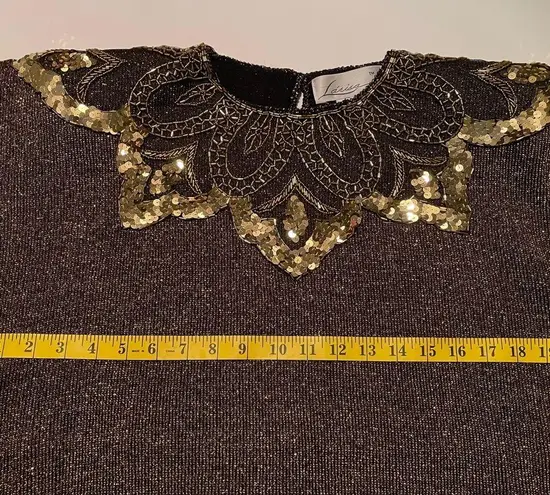 Larisa Vtg Dress Holiday Black Gold Shoulder Pad Sequin Embellished Sweater Size L