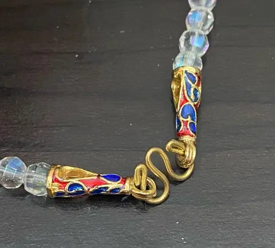 Vintage Clear Aurora Borealis AB Crystal Czech Fire Beads Enamel Clasp Necklace