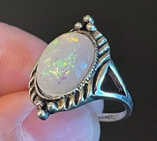 Oval simulated opal silver plated ring size 5.25