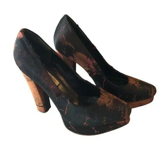 Kathryn Amberleigh Platform Pumps Heels Jacquard Black Brown 6.5
