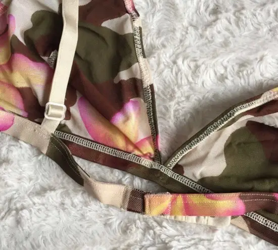 Vintage Y2K 90’s Green Brown Pink Sheer Camo & Floral Triangle Festival Bralette Multiple