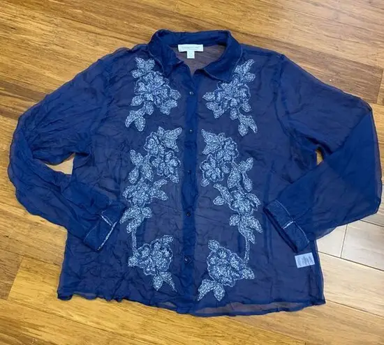 Coldwater Creek Womens XL Petite Top Navy Blue Silk Floral Embroidered Button