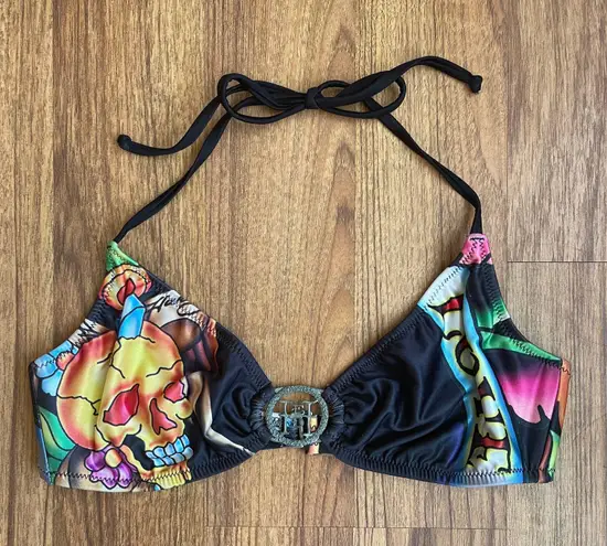 Ed Hardy Vintage Y2K Rare Black Gold Skulls String Triangle Edgy Bikini Set NEW