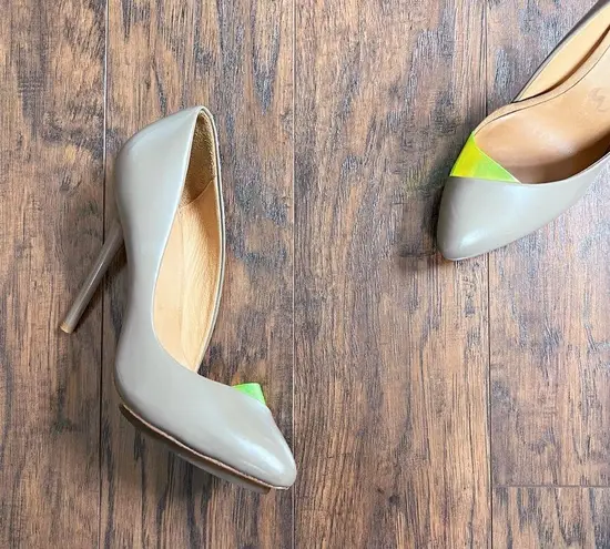 L.A.M.B. . • Harlie Pump heel d'orsay stiletto taupe leather neon green platform