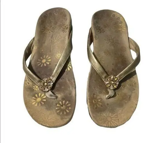 Vionic Womens Gold Floral Flip-Flops With Embellished Strap Size 8 Comfortable A