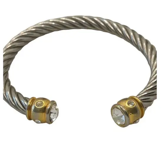 Retro Silver Rope Style Cuff Bracelet with Gold Bar on each end with rhinestones