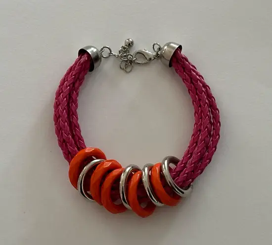 Boho Chic Colorful Bracelet Pink Braided Cords W Orange & Silver Rings