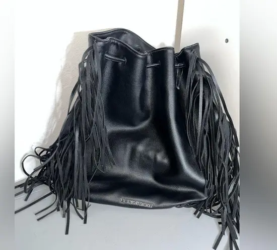 Victoria's Secret Fringe Bucket Bag Drawstring Black Faux Leather Large NWOT