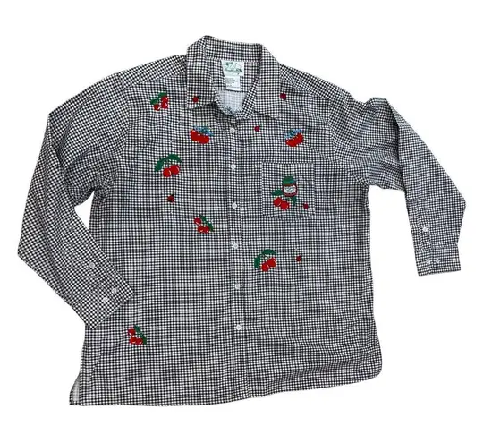 Vintage The Quacker Factory Embroidered Top Women's Plus Size 1X Gingham Cherry Black