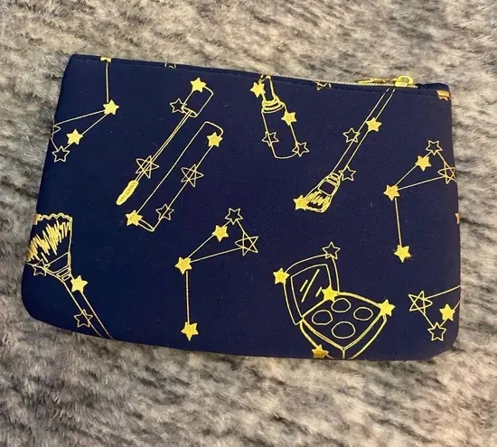 Ipsy Blue and Gold Cosmetic Bag with Celestial makeup brush Pattern