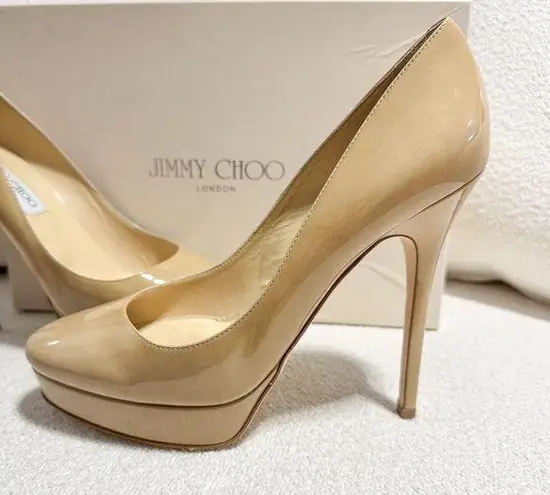 Jimmy Choo Cosmic Patent Leather Nude Platform Pumps sz 38.5