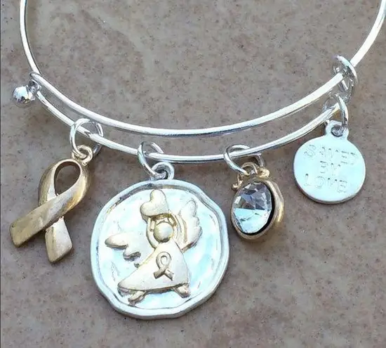 Two Tone Cancer Ribbon Saved by Love Bangle Gold