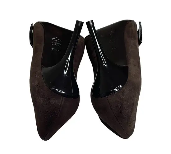 via spiga new β Peep Toe Stiletto Heels Pumps β Chocolate Suede + Patent Leather