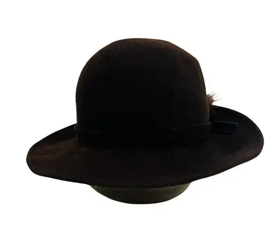Vintage Geo W Bollman Lords Chocolate Doeskin Felt Wool Hat Feather