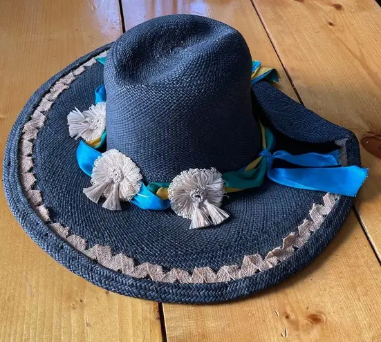 Von Henneberg Raffia Derby Hat Black with Ribbon Straw Floral Detail