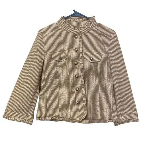 Sandro Striped Blazer Jacket Beige/white Size Medium 100% Cotton