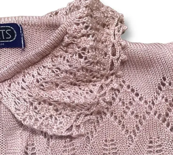 Vintage Knit Embroidered Hoodie Sweater Oatmeal Pink Floral Cropped Crochet Size M